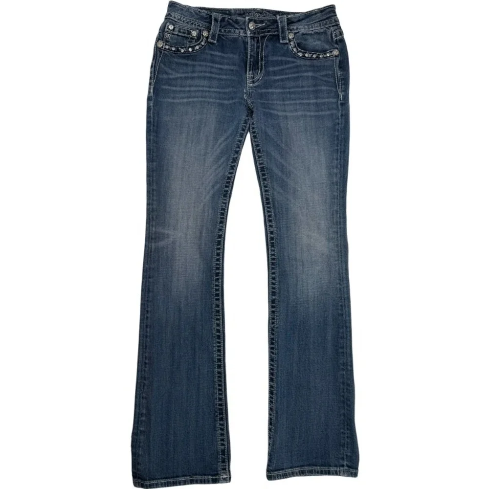MISS ME 28 *FLAW Bootcut Jeans Blue Mid Rise Rhinestone Embellished Y2K MV5190B7